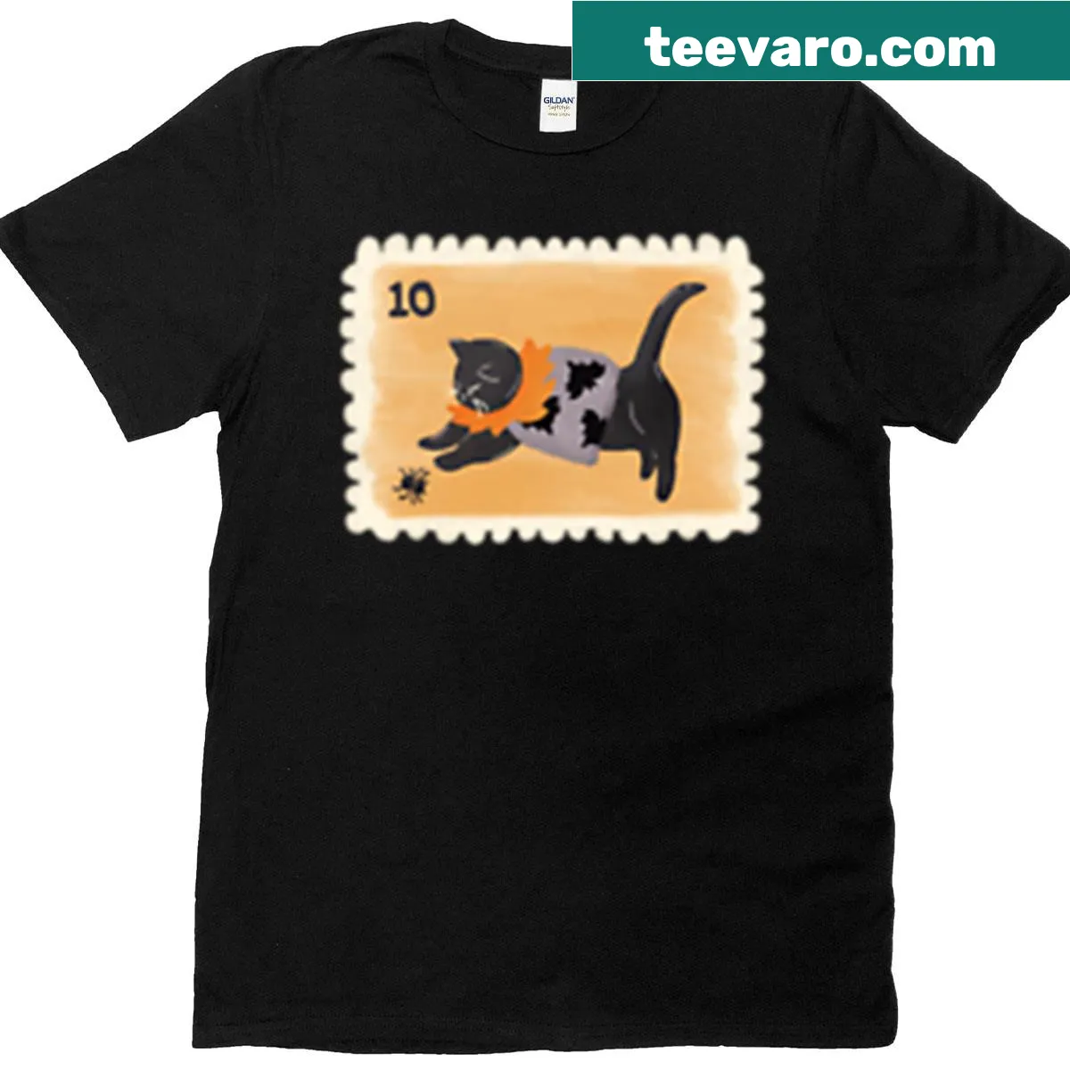 Hand-drawn whimsical black cat design on Halloween T-shirt — on a men's t-shirt