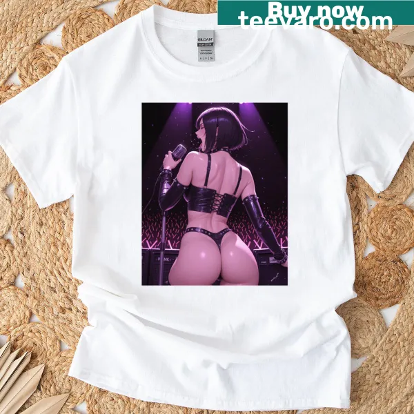 Illustration of a bikini-clad girl singing with a microphone on a T-shirt