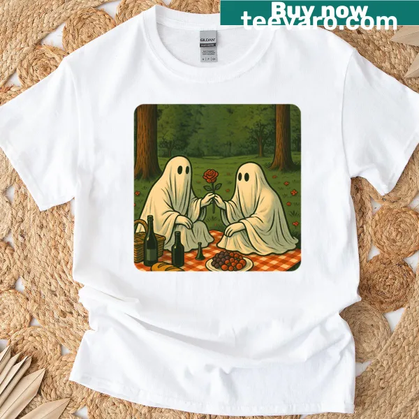 Whimsical ghost picnic illustration t-shirt