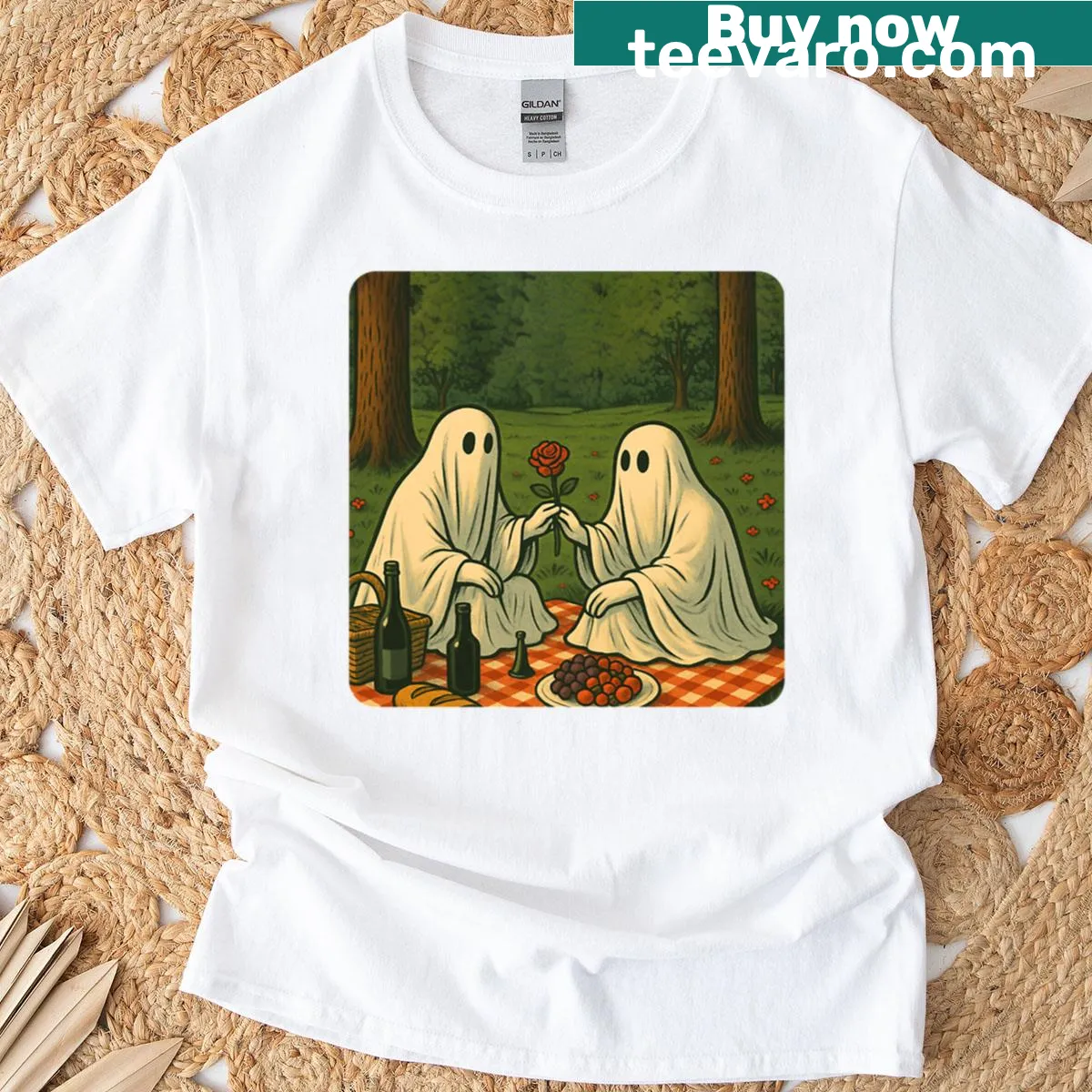 Whimsical ghost picnic illustration t-shirt — on a men's t-shirt