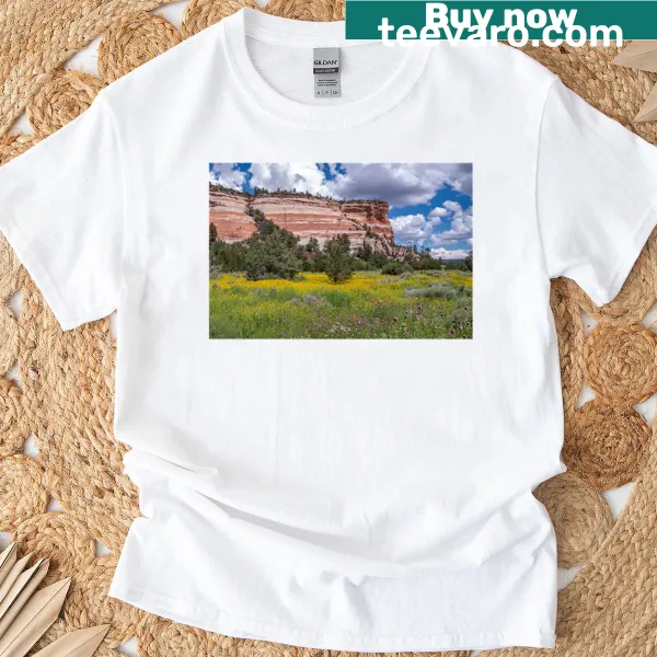Realistic depiction of Ramah sandstone cliffs on T-shirt