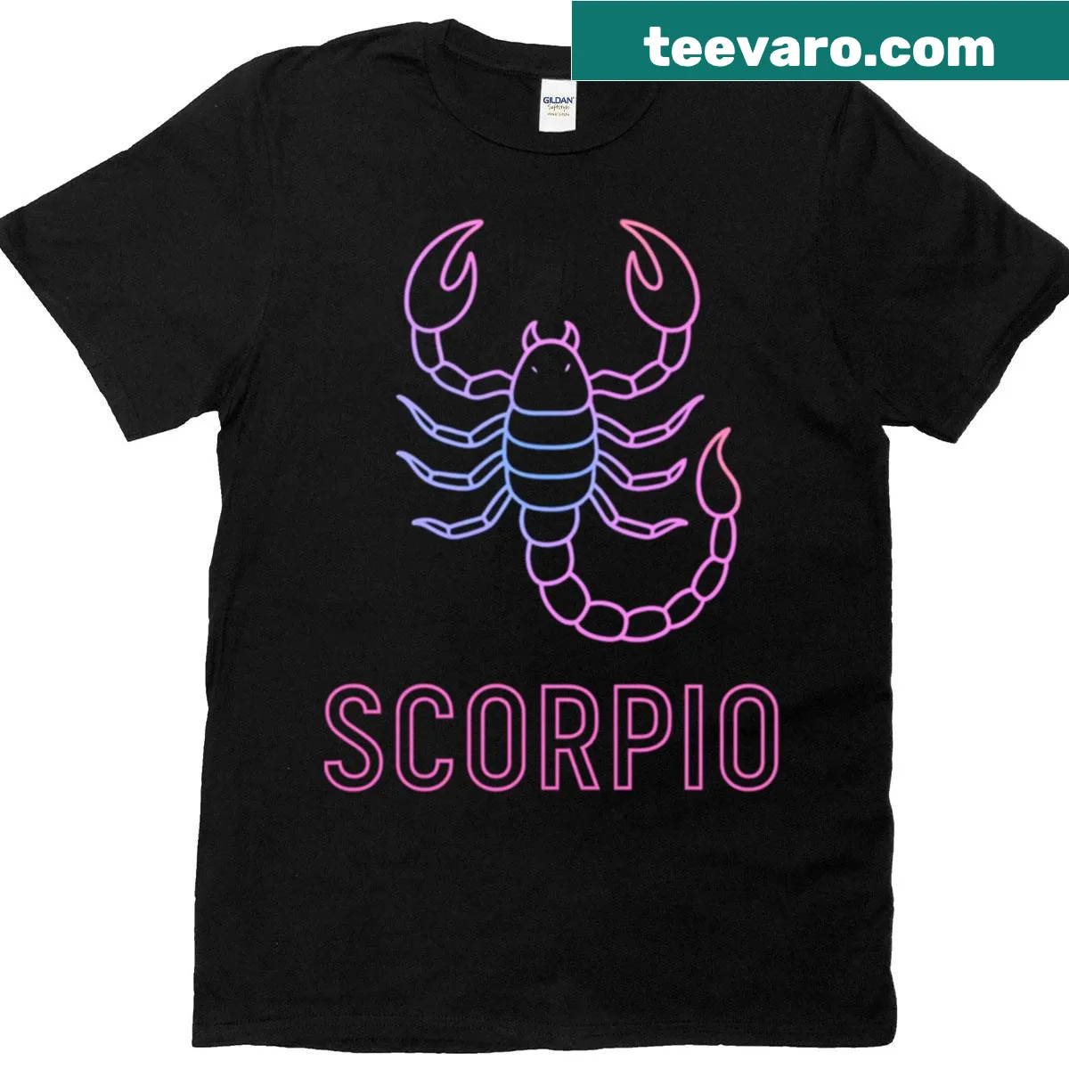 Neon Scorpio zodiac sign T-shirt with glowing scorpion design — on a men's t-shirt
