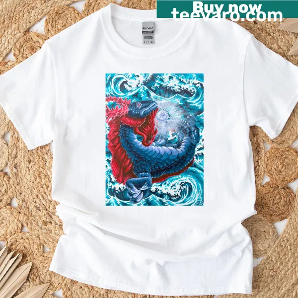 Illustrated design of celestial scryer gazing into the ocean on a t-shirt