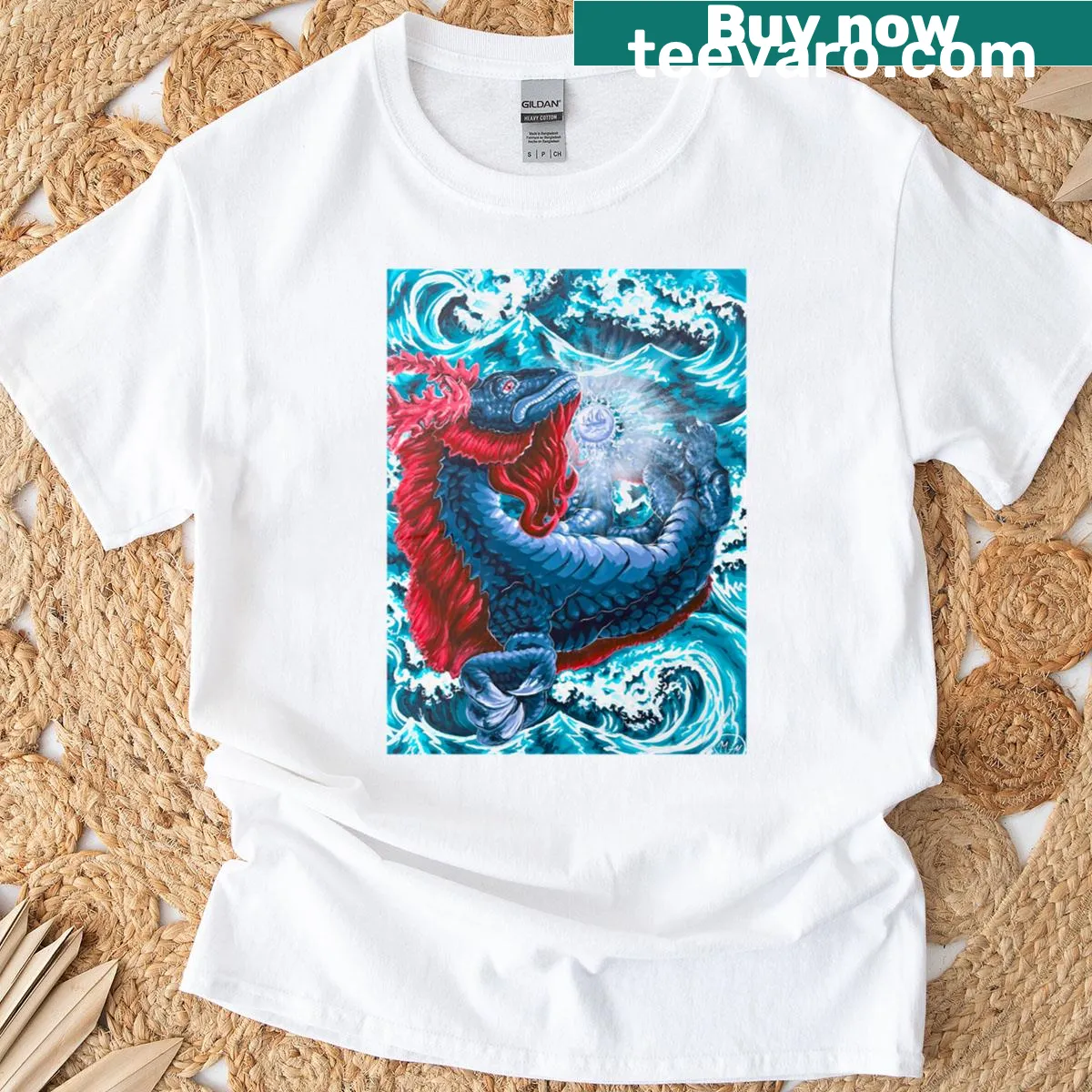 Illustrated design of celestial scryer gazing into the ocean on a t-shirt — on a men's t-shirt