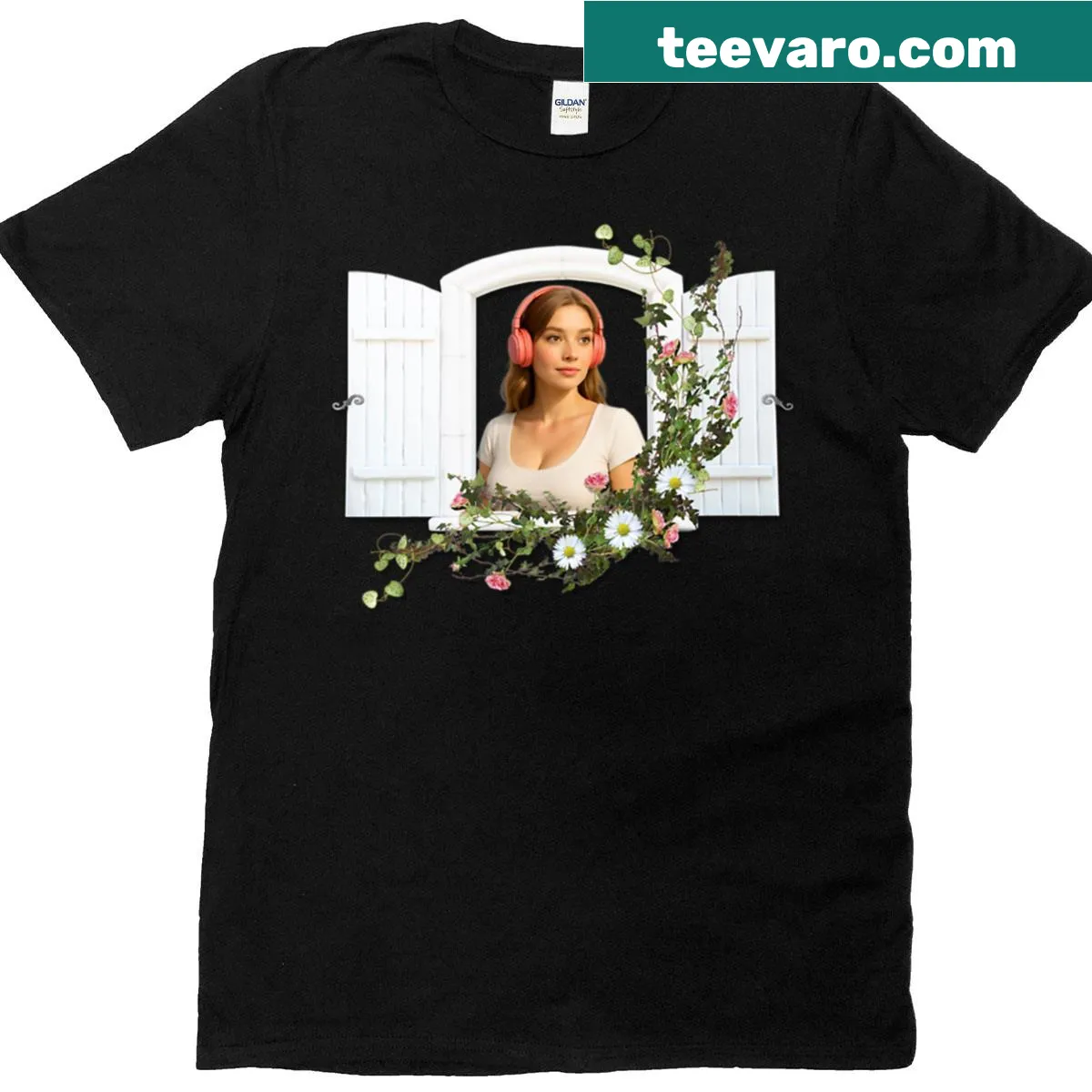 Illustrated T-shirt featuring a peaceful window scene — on a men's t-shirt