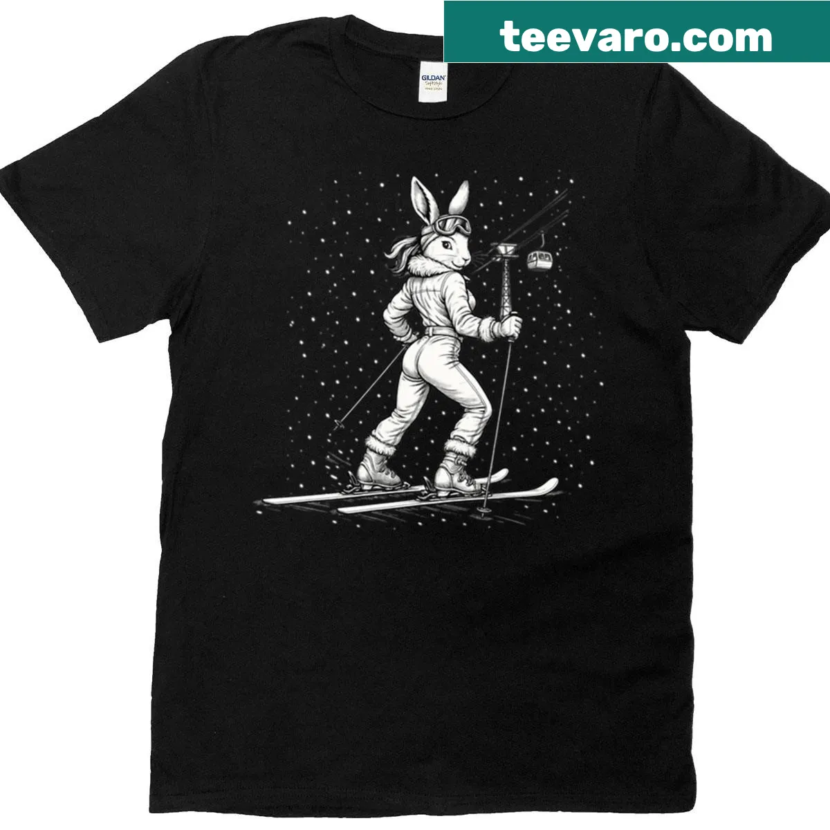 Cute cartoon skiing bunny illustration on T-shirt — on a men's t-shirt