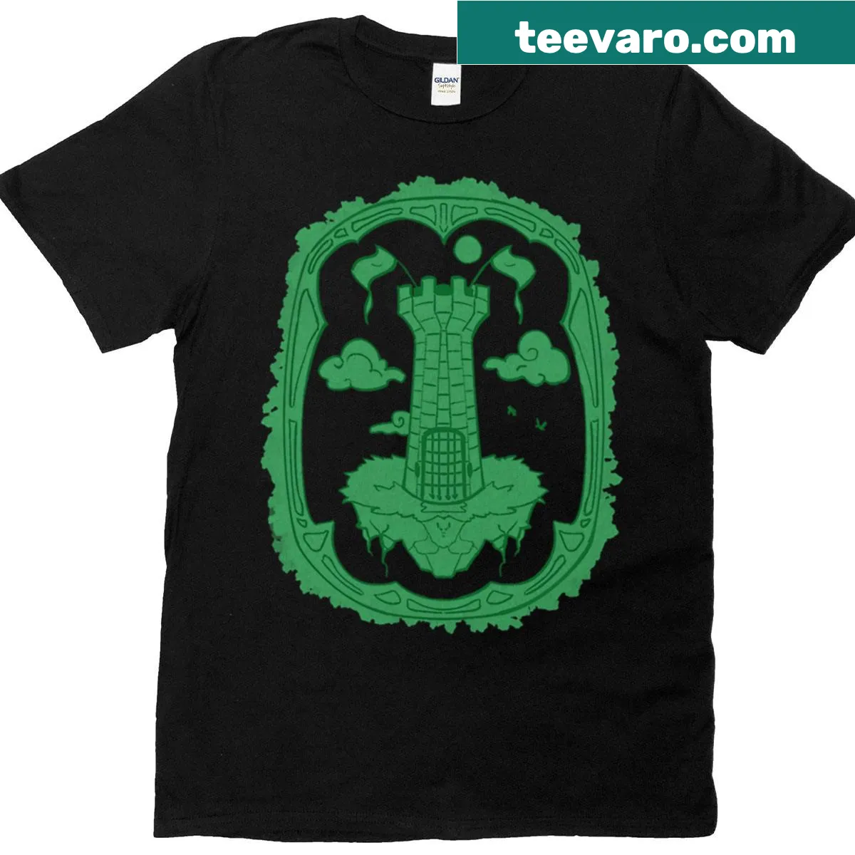 Whimsical t-shirt featuring a floating castle on an island — on a men's t-shirt