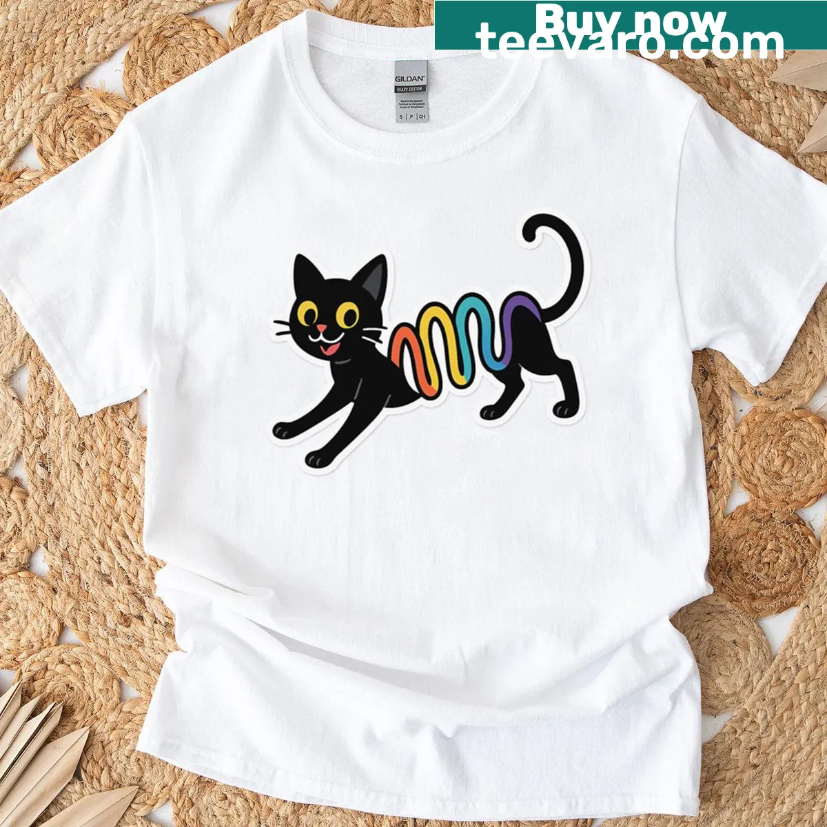 Colorful cartoon slinky cat graphic with wavy patterns on a t-shirt — on a men's t-shirt