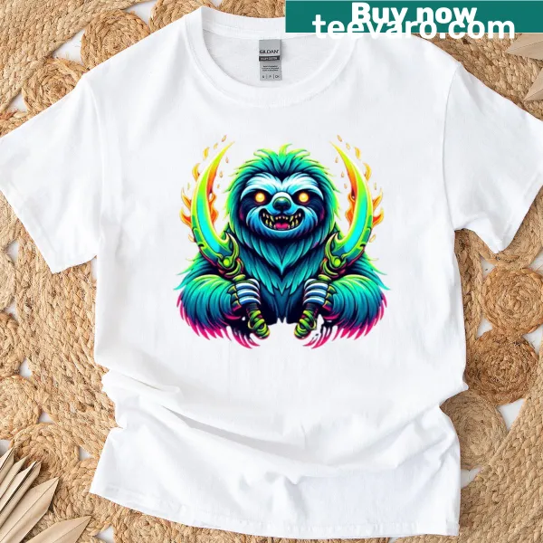 Fantasy art T-shirt featuring Slothbane, a fierce neon beast