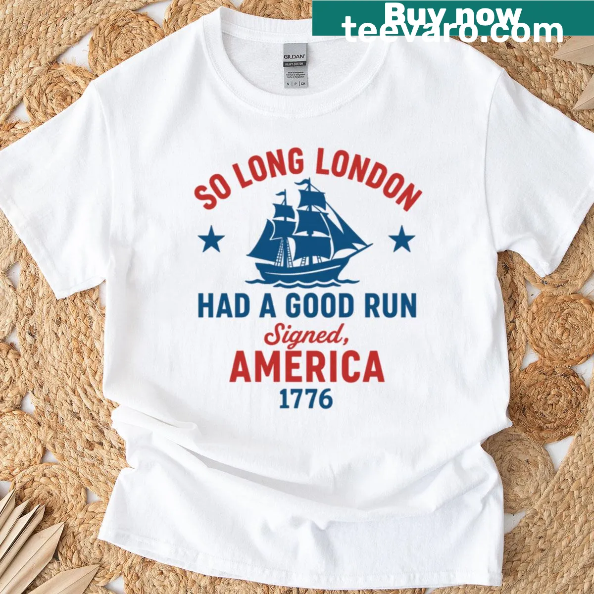 Design featuring ship and 'So Long London Signed America 1776' — on a men's t-shirt