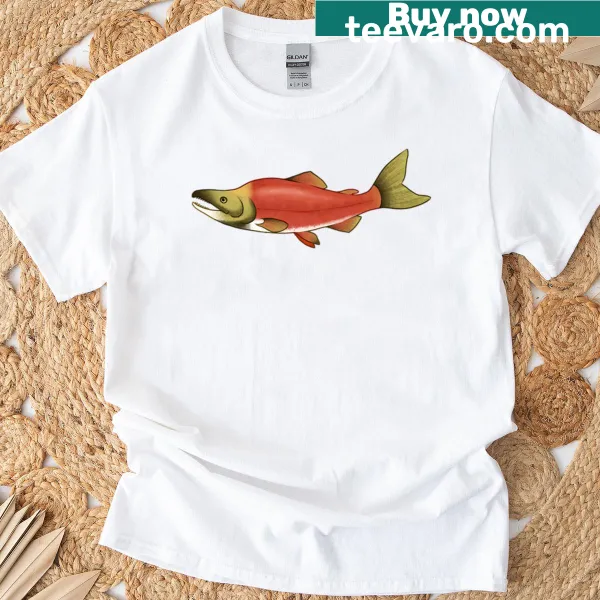 Illustrated sockeye salmon graphic T-shirt celebrating marine life