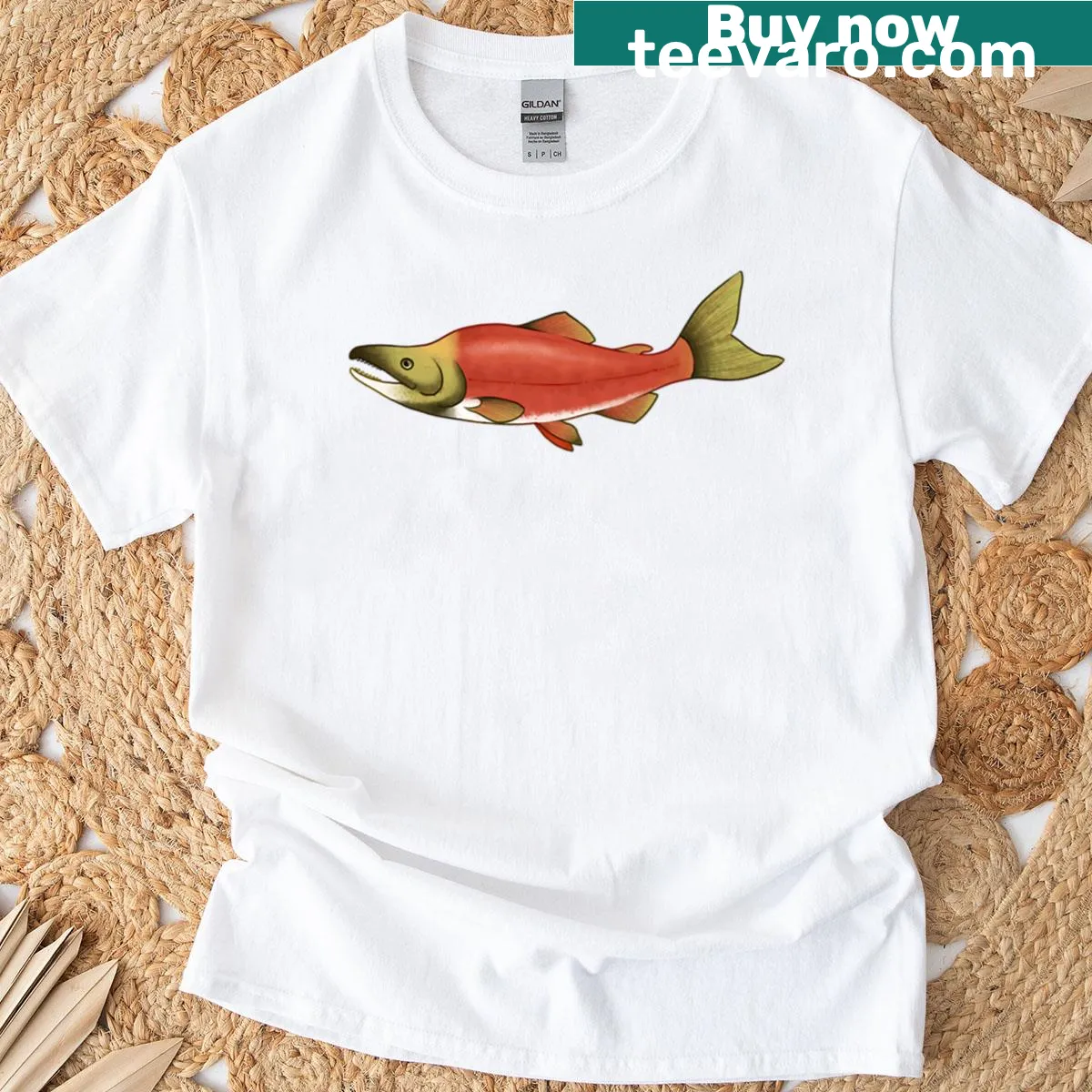 Illustrated sockeye salmon graphic T-shirt celebrating marine life — on a men's t-shirt