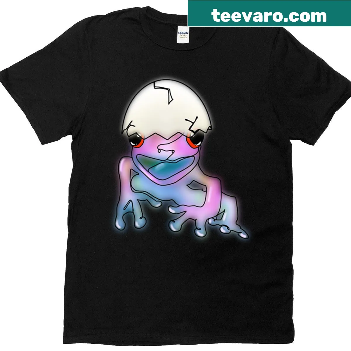 Cute illustration of a pink frog with an eggshell hat on a t-shirt — on a men's t-shirt