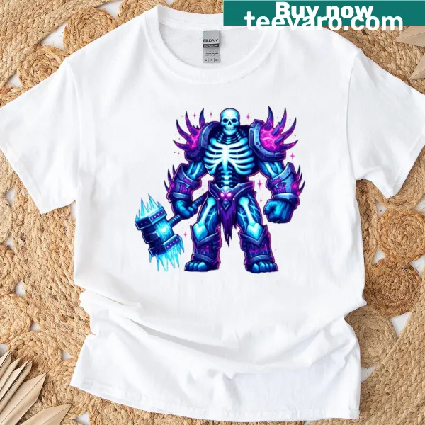 Illustration of a neon skeleton knight with a hammer on a t-shirt