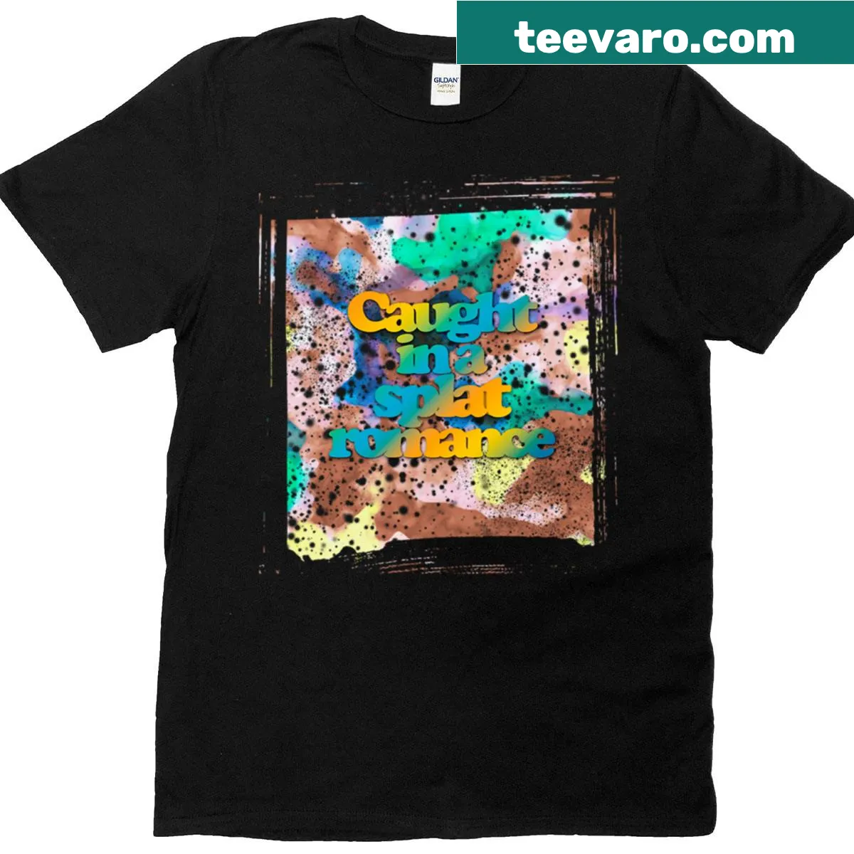 Whimsical typography T-shirt featuring the phrase 'Splat Me Softly' — on a men's t-shirt