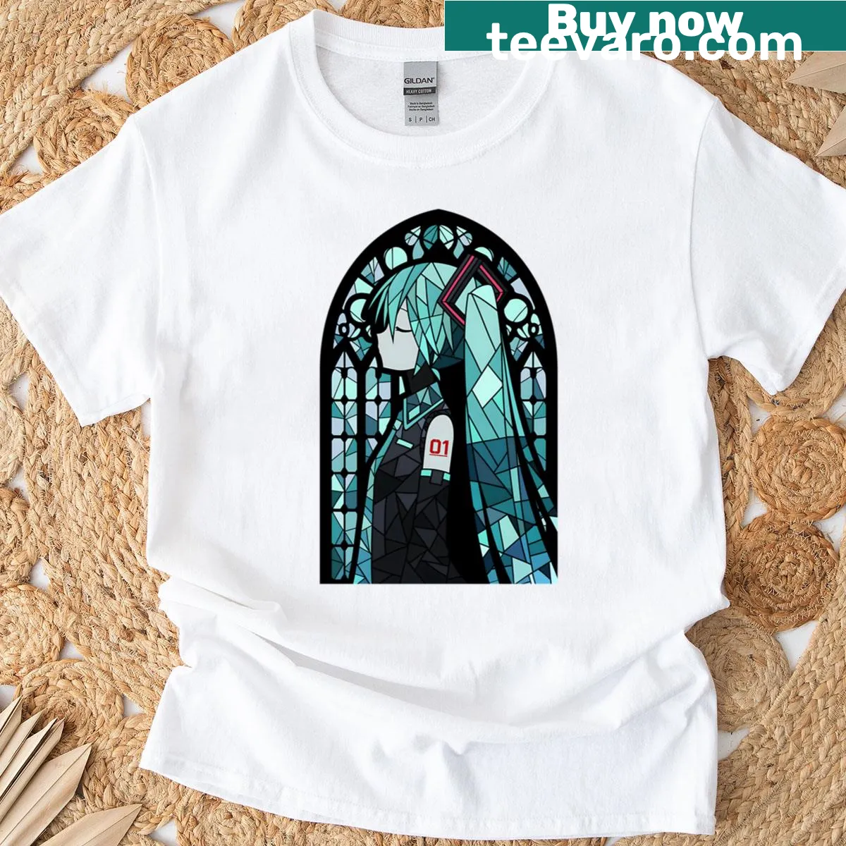 Illustration of Hatsune Miku in stained glass style on a T-shirt — on a men's t-shirt