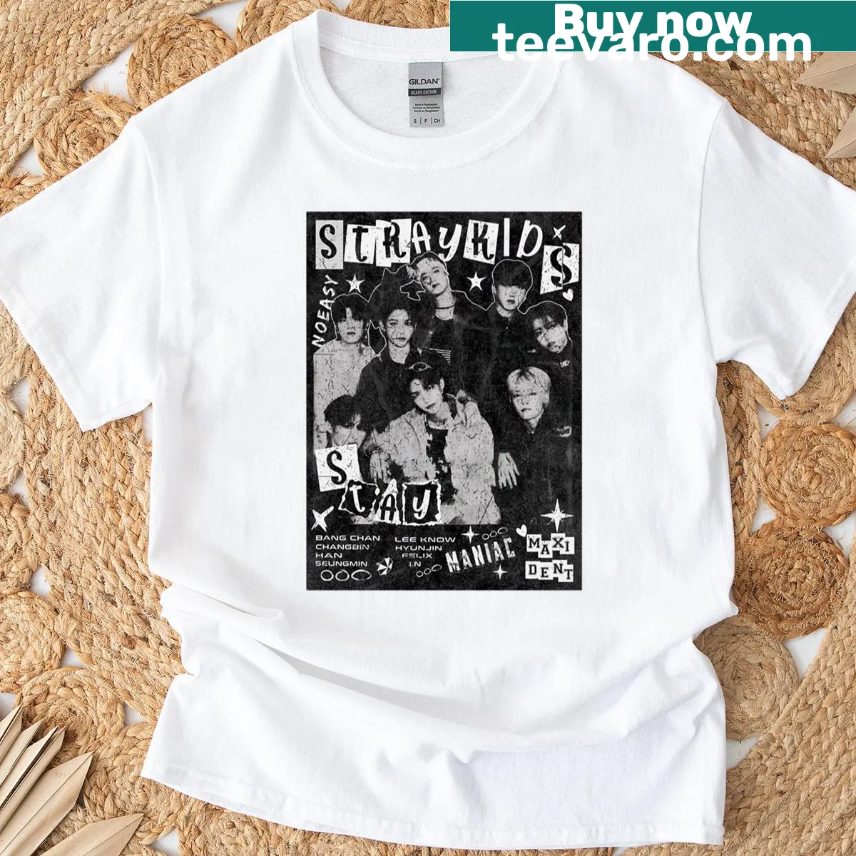 Kpop-inspired T-shirt featuring Stray Kids members and comeback poster design — on a men's t-shirt