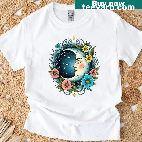Watercolor T-shirt featuring sun and moon tattoo illustration