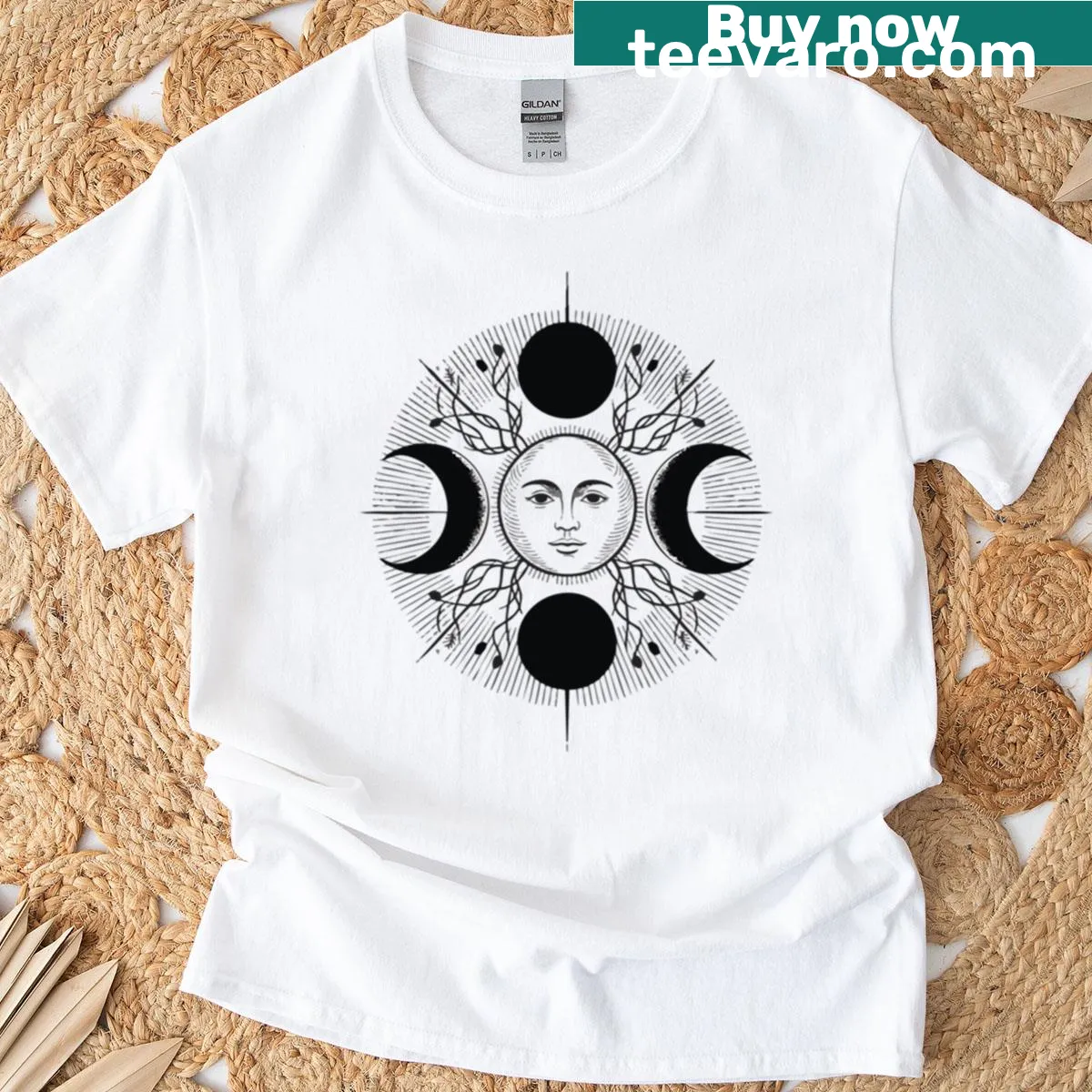 T-shirt featuring sun, moon, and planets illustration — on a men's t-shirt