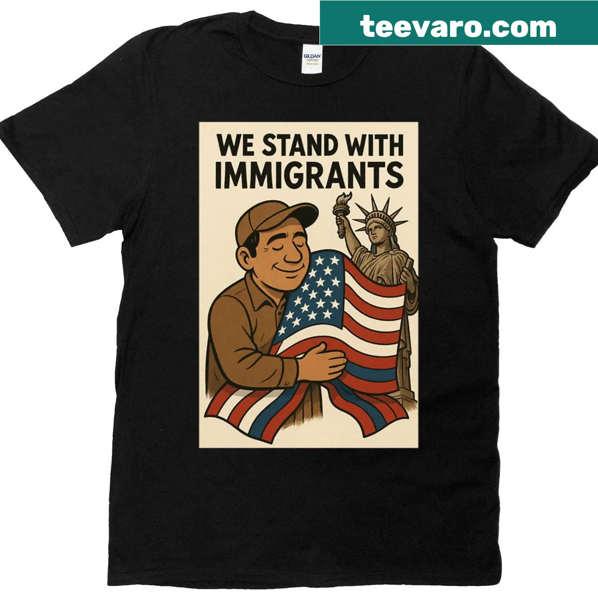 Cartoon Statue of Liberty design on a t-shirt — on a men's t-shirt