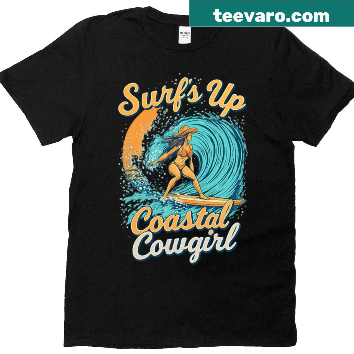 Coastal cowgirl surf design on a t-shirt — on a men's t-shirt