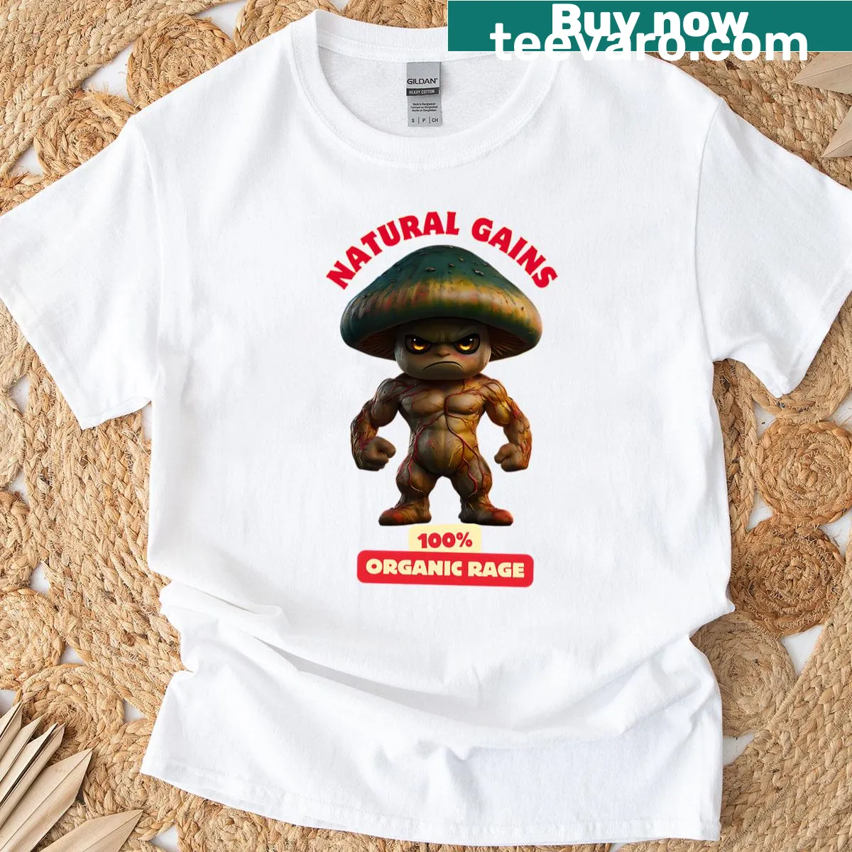 Funny t-shirt featuring a swole mushroom character design — on a men's t-shirt