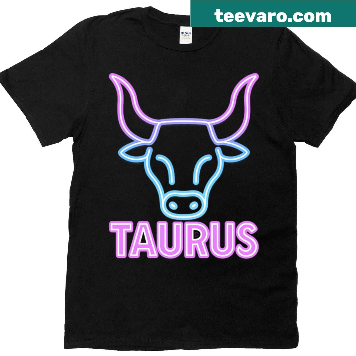 Glowing Taurus zodiac sign graphic on an astrology-themed t-shirt — on a men's t-shirt