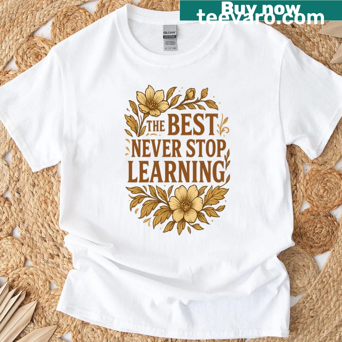 Inspirational T-shirt with the phrase about lifelong learning in bold text — on a men's t-shirt