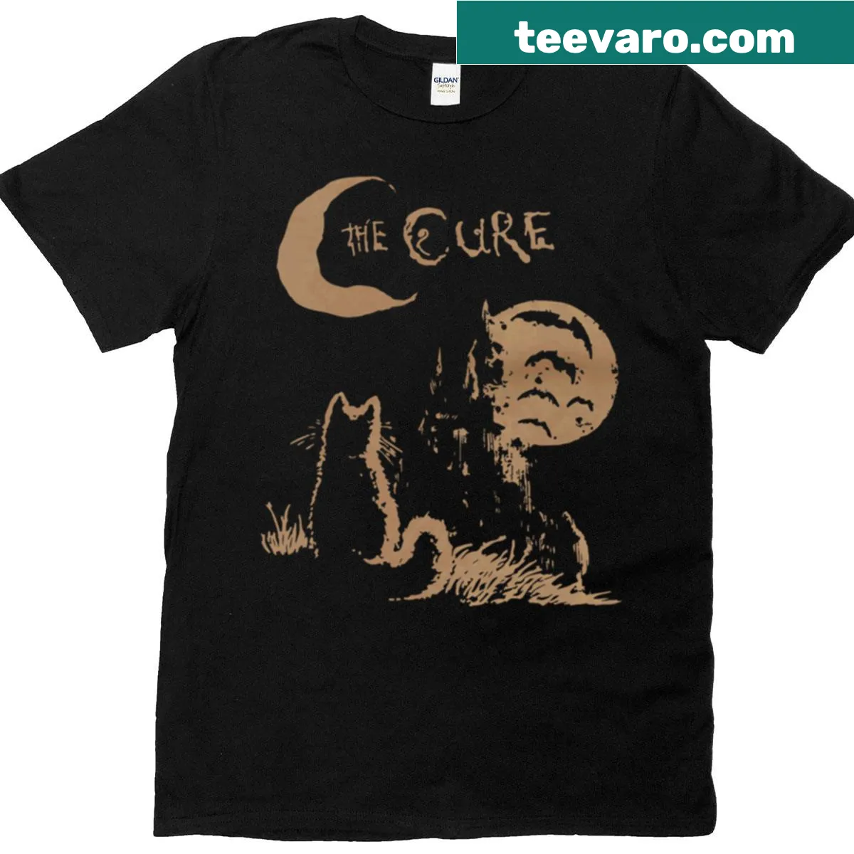 The Cure Cat Moon t-shirt featuring a whimsical cat design — on a men's t-shirt