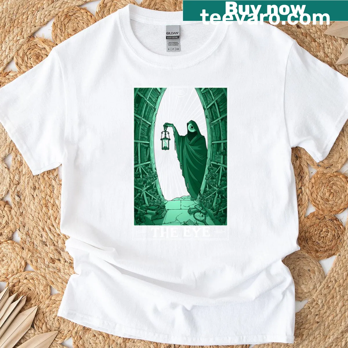 Tarotesque T-shirt featuring a bold eye graphic design. — on a men's t-shirt