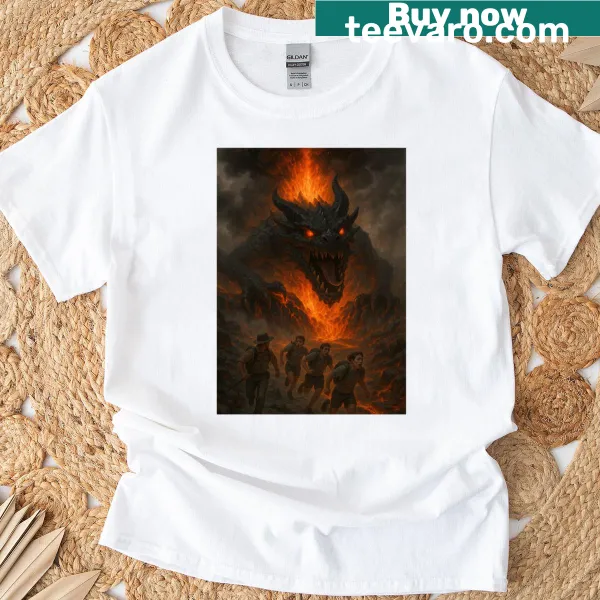 Fantasy T-shirt featuring an illustration of a fire dragon in a dramatic pose