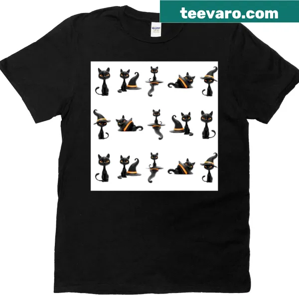 Illustrated design of magical cats in hats on a white t-shirt