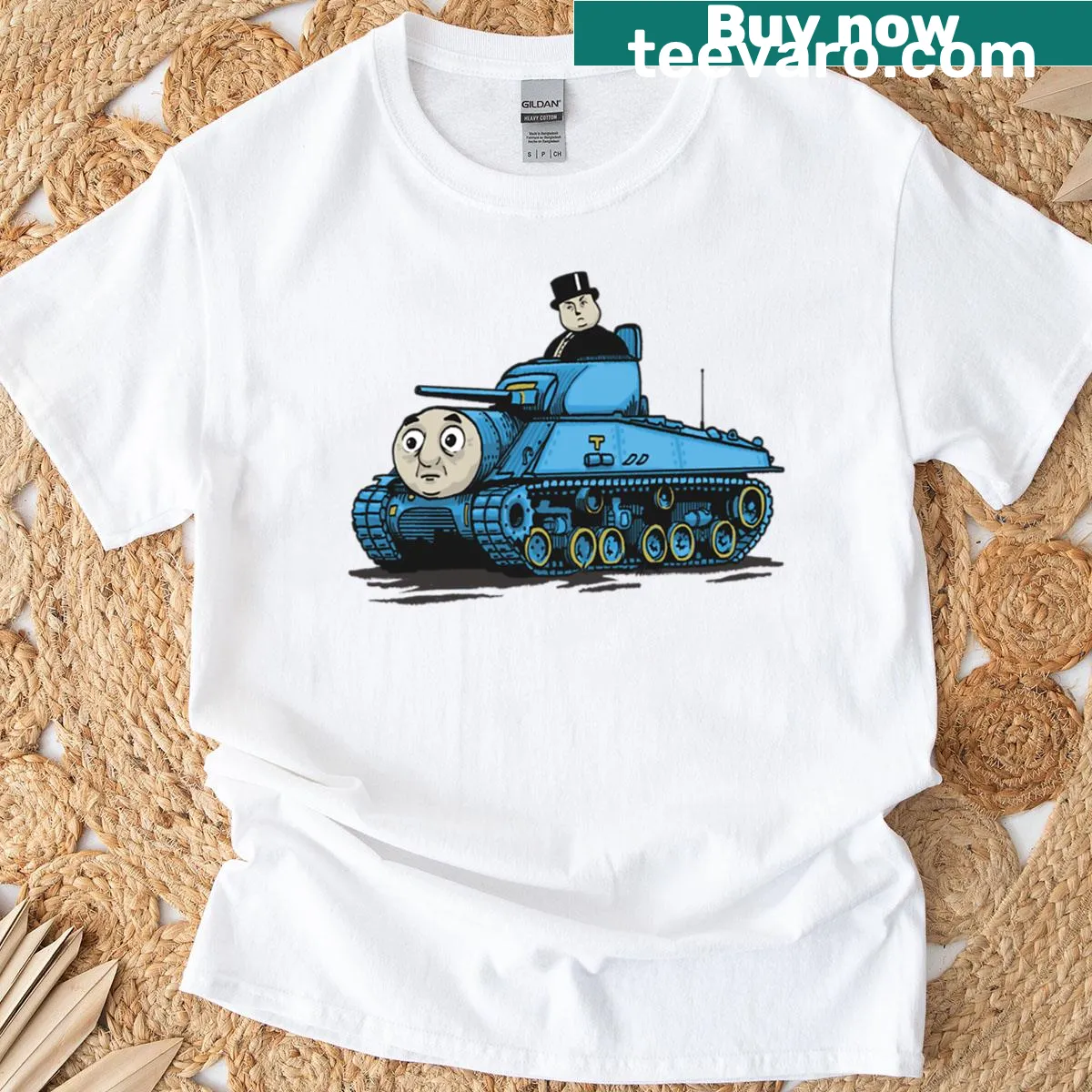 Illustrative T-shirt featuring Thomas the Tank Engine in a playful design — on a men's t-shirt