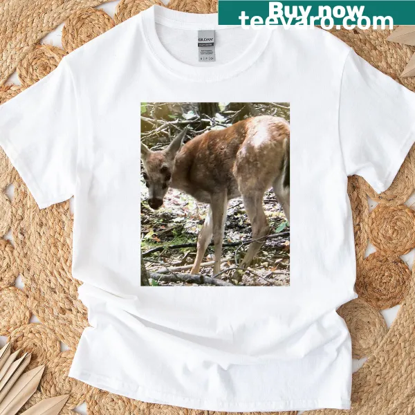 Illustrative T-shirt displaying a whimsical three-eyed deer
