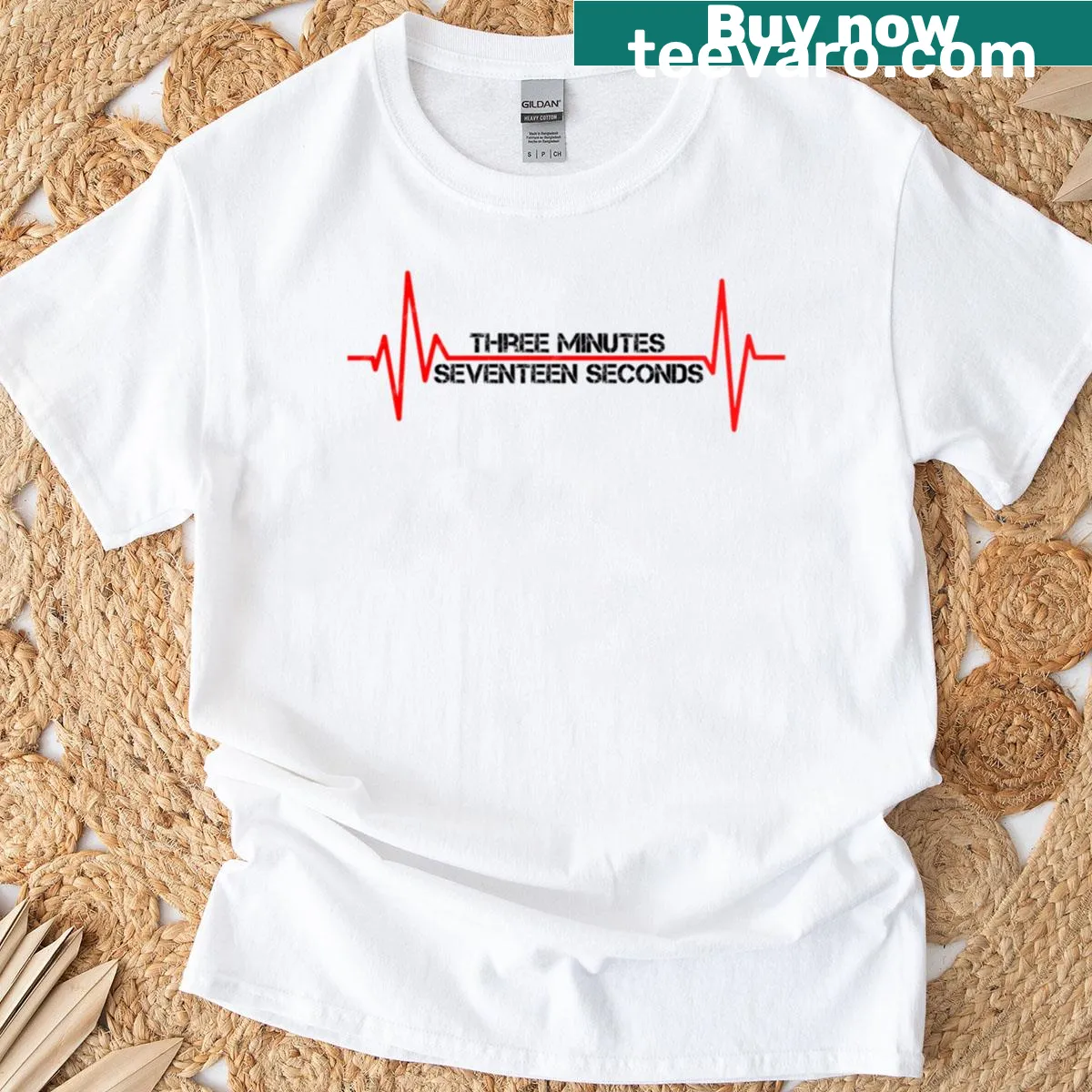 Minimalist t-shirt featuring the phrase 'Three Minutes Seventeen Seconds' — on a men's t-shirt