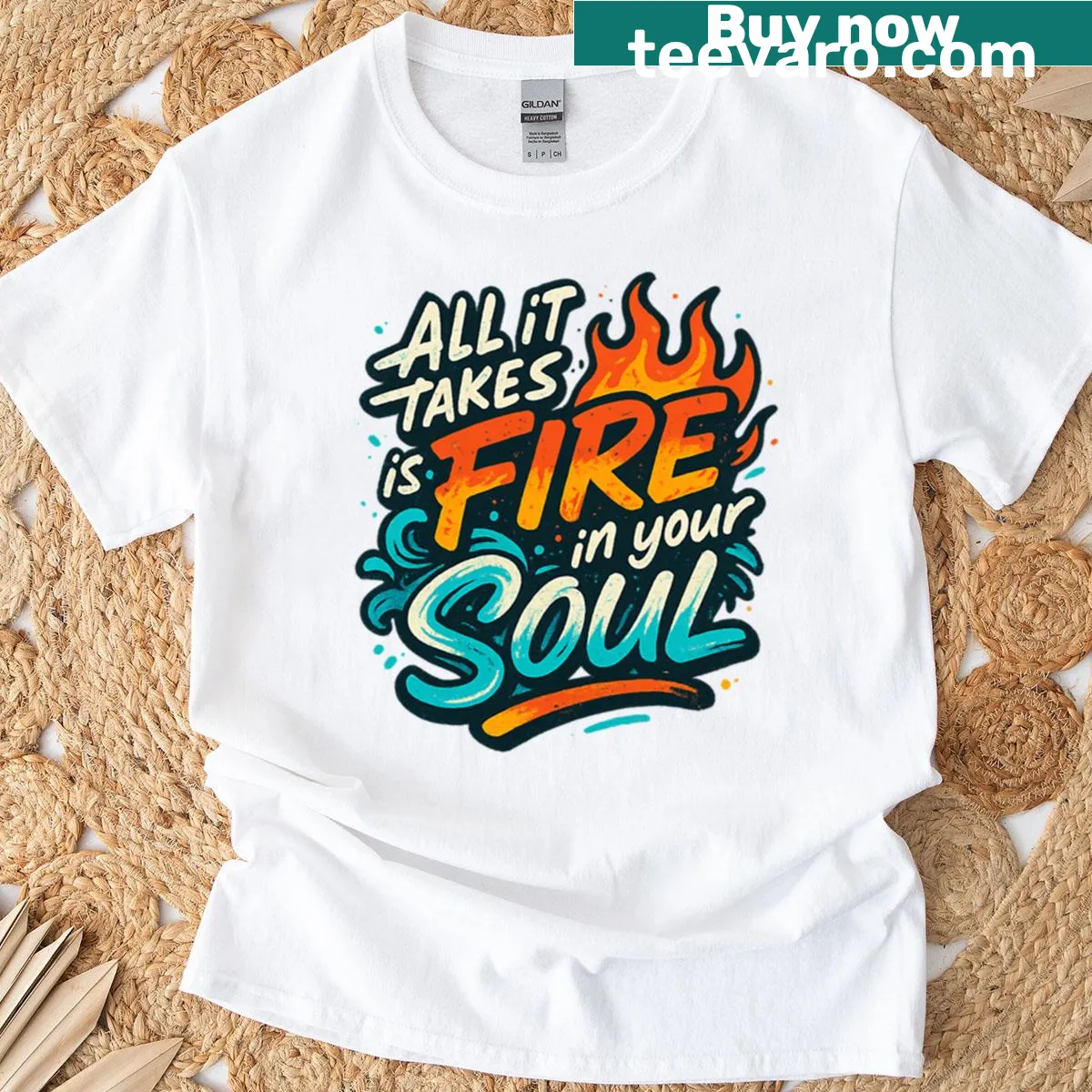 Y2K-inspired graphic tee with fire and ocean elements — on a men's t-shirt