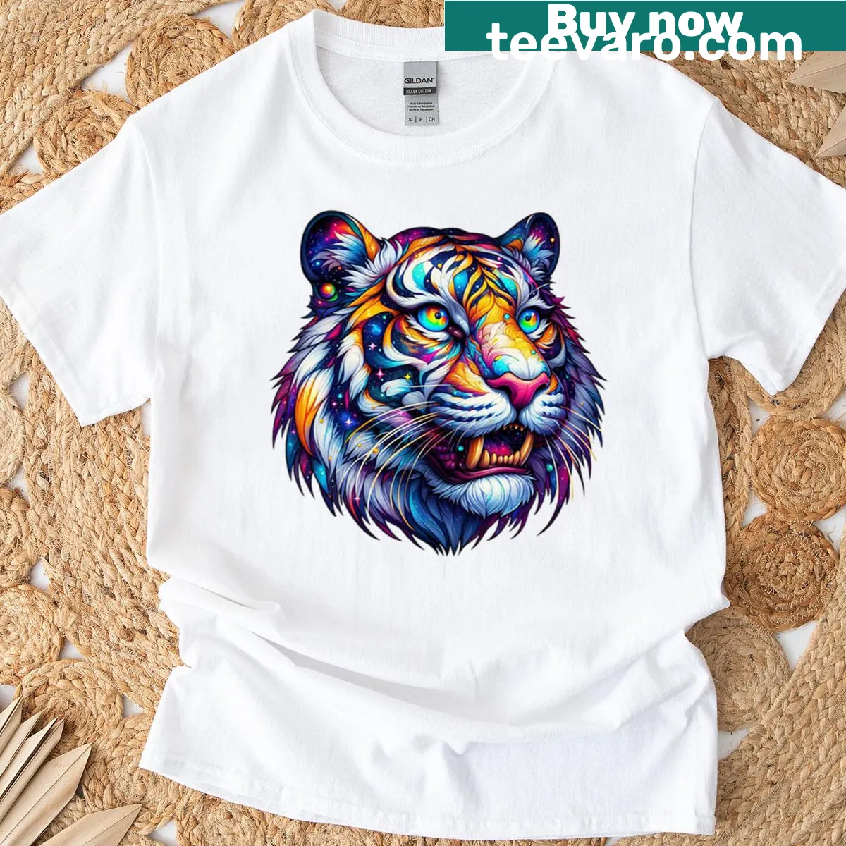 Whimsical T-shirt featuring a tiger on a cosmic adventure — on a men's t-shirt