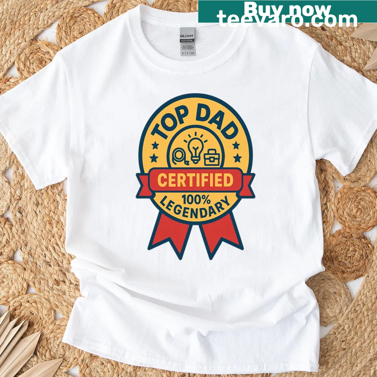 Badge-themed t-shirt with 'Top Dad Badge Certified 100' text — on a men's t-shirt
