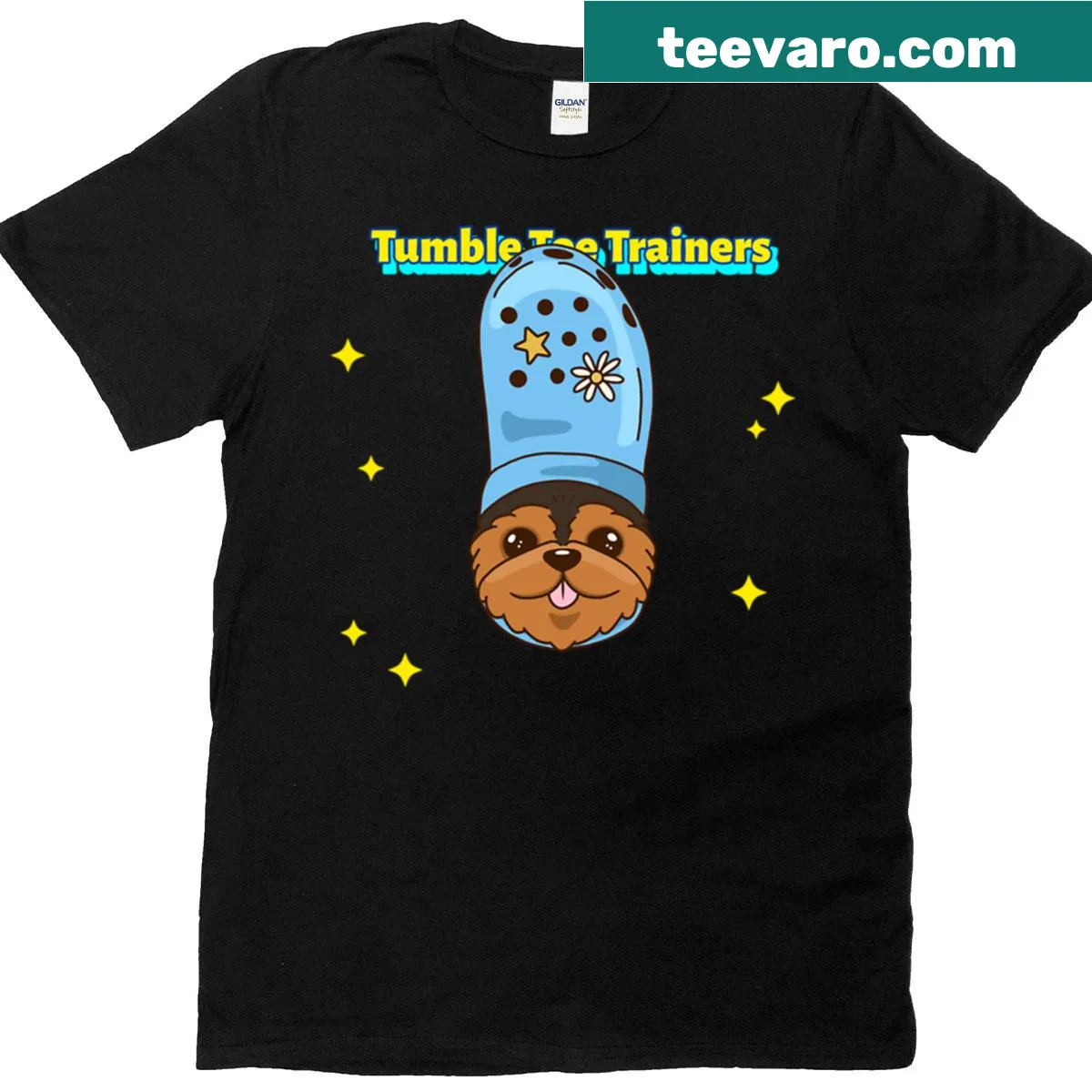 T-shirt featuring whimsical illustrations of jelly cat shoes — on a men's t-shirt