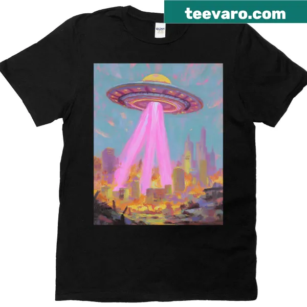 UFO graphic t-shirt with beams of light and starry background.