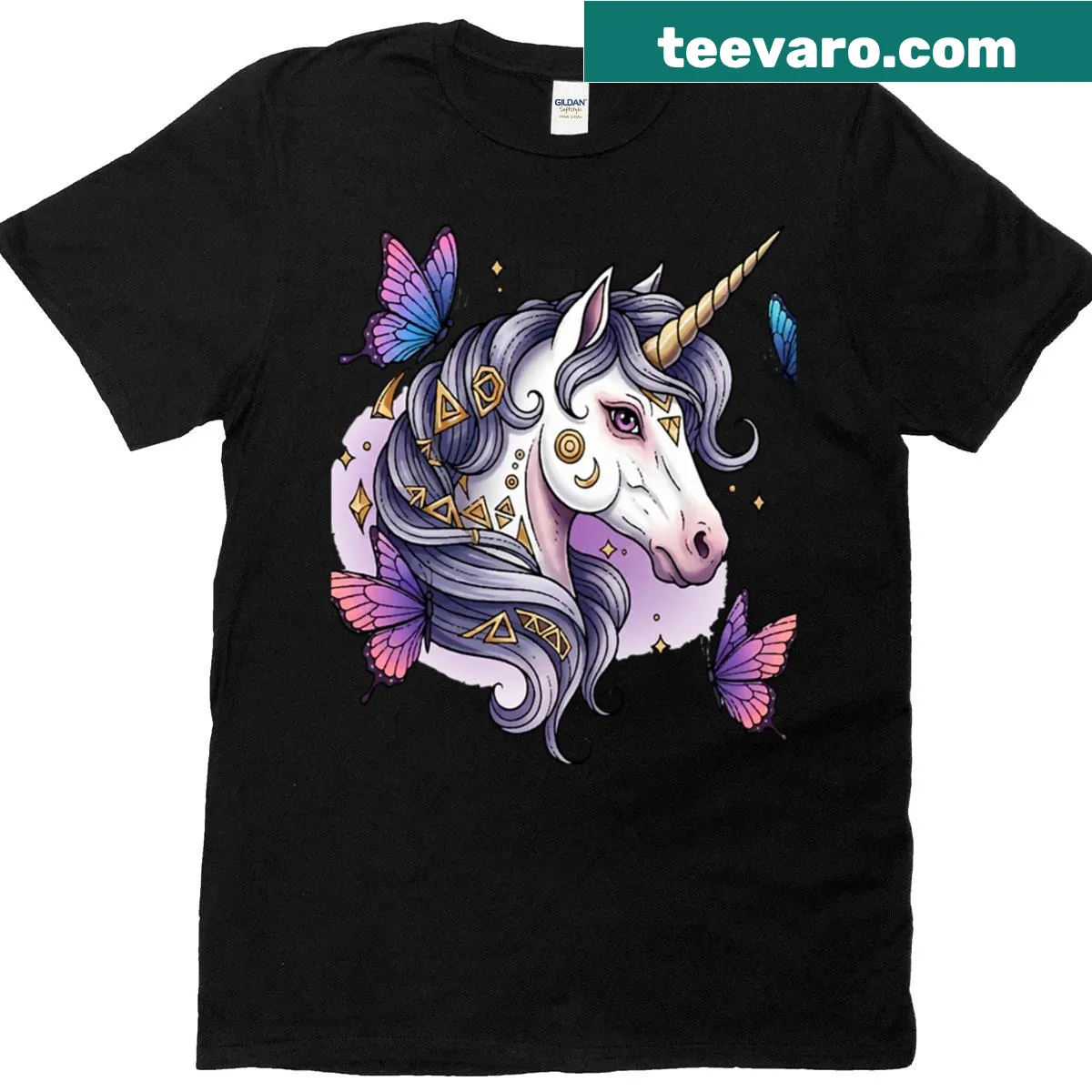Illustrated t-shirt featuring a unicorn and butterflies — on a men's t-shirt