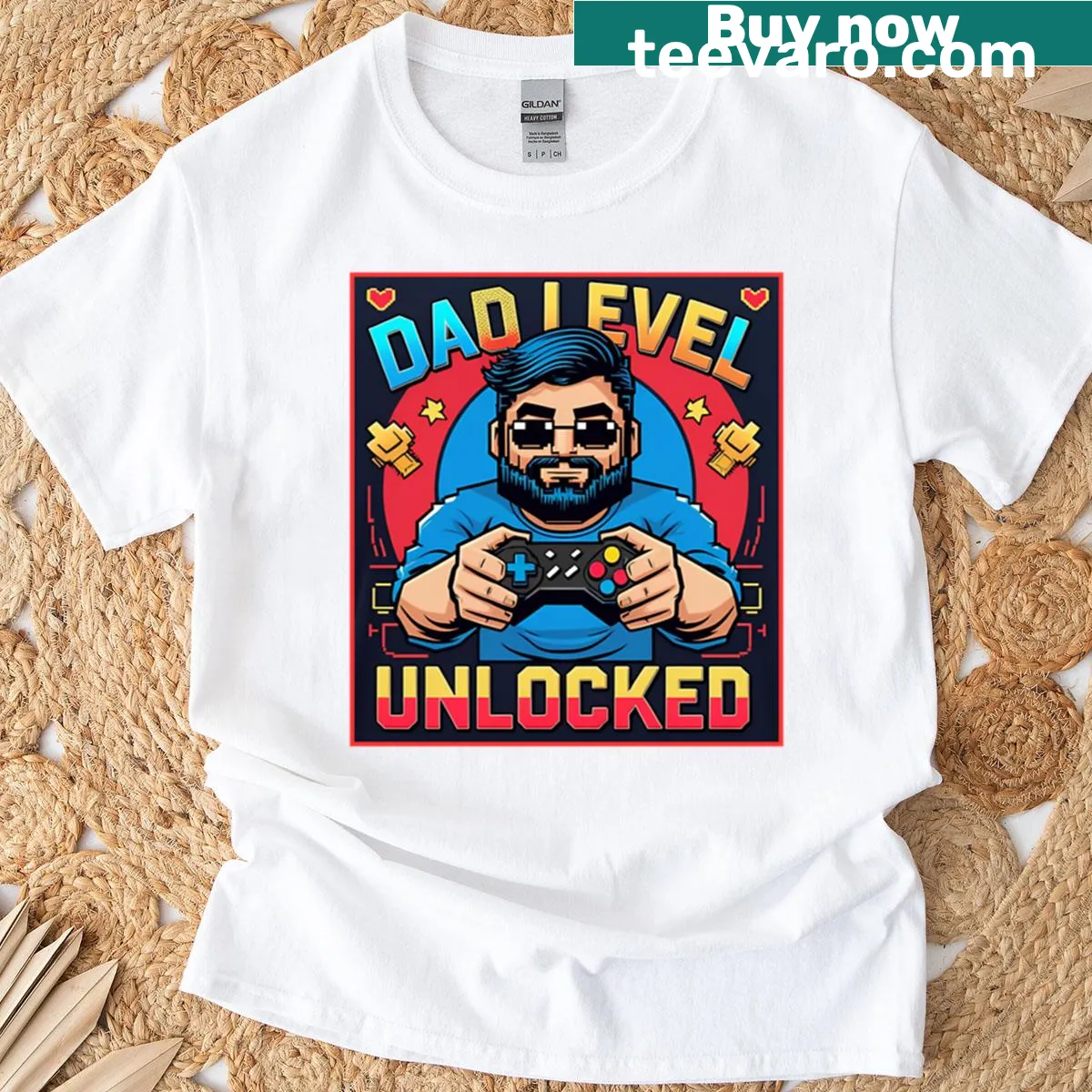 Humorous T-shirt celebrating fatherhood with 'Unlocked Dad Level' text — on a men's t-shirt