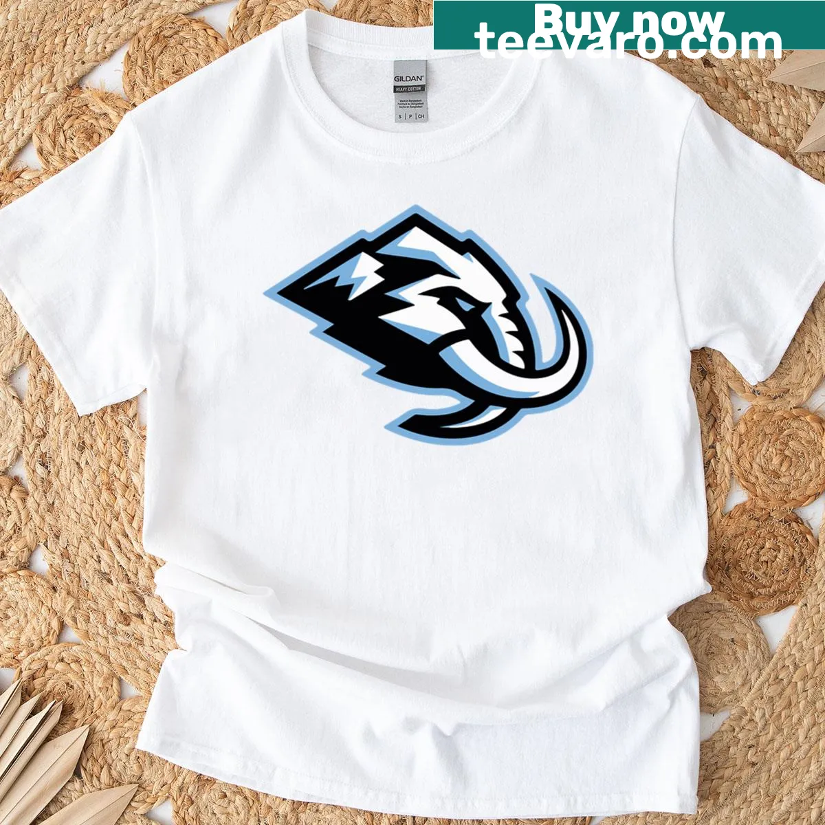 Utah Mammoth Hockey tee with a fierce mammoth graphic illustration — on a men's t-shirt
