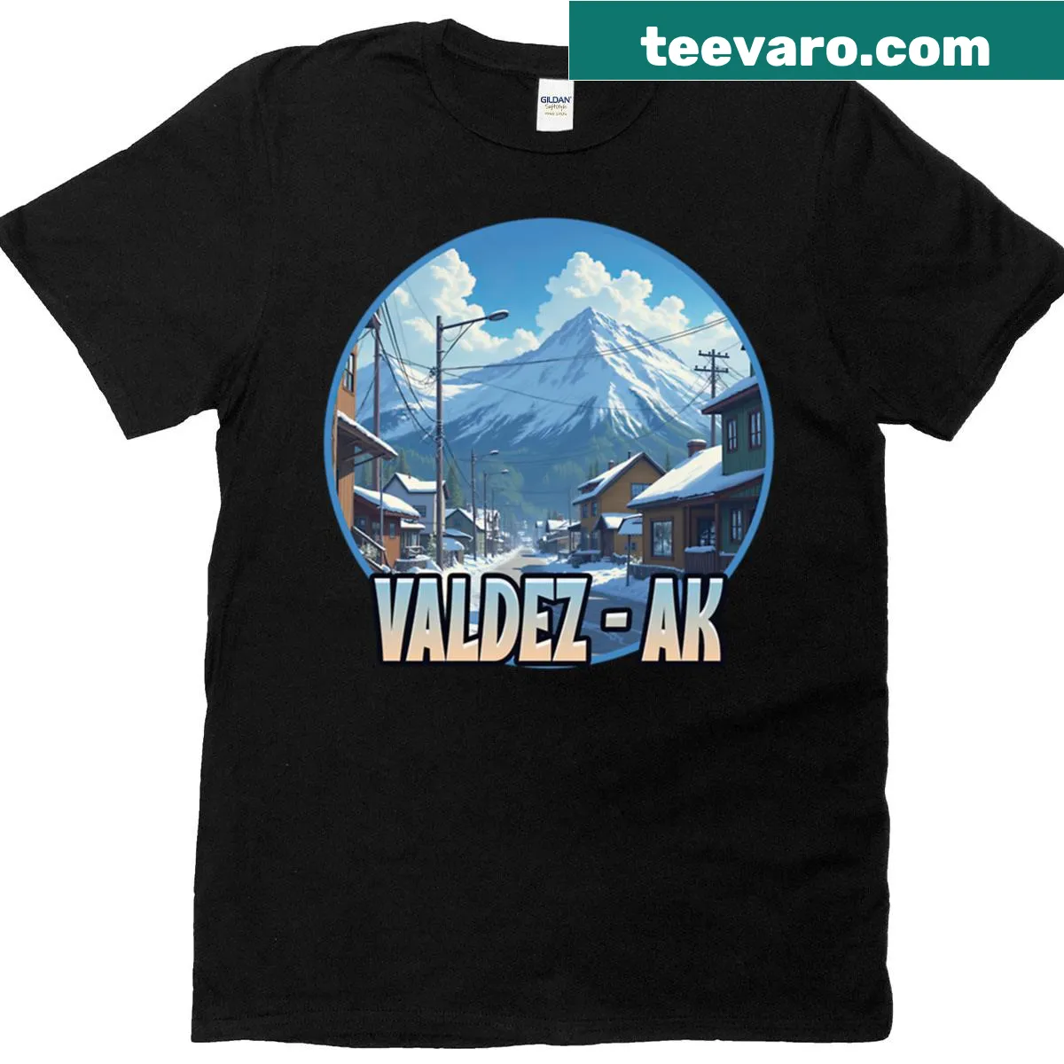 T-shirt featuring a graphic design of Valdez, Alaska landscapes — on a men's t-shirt