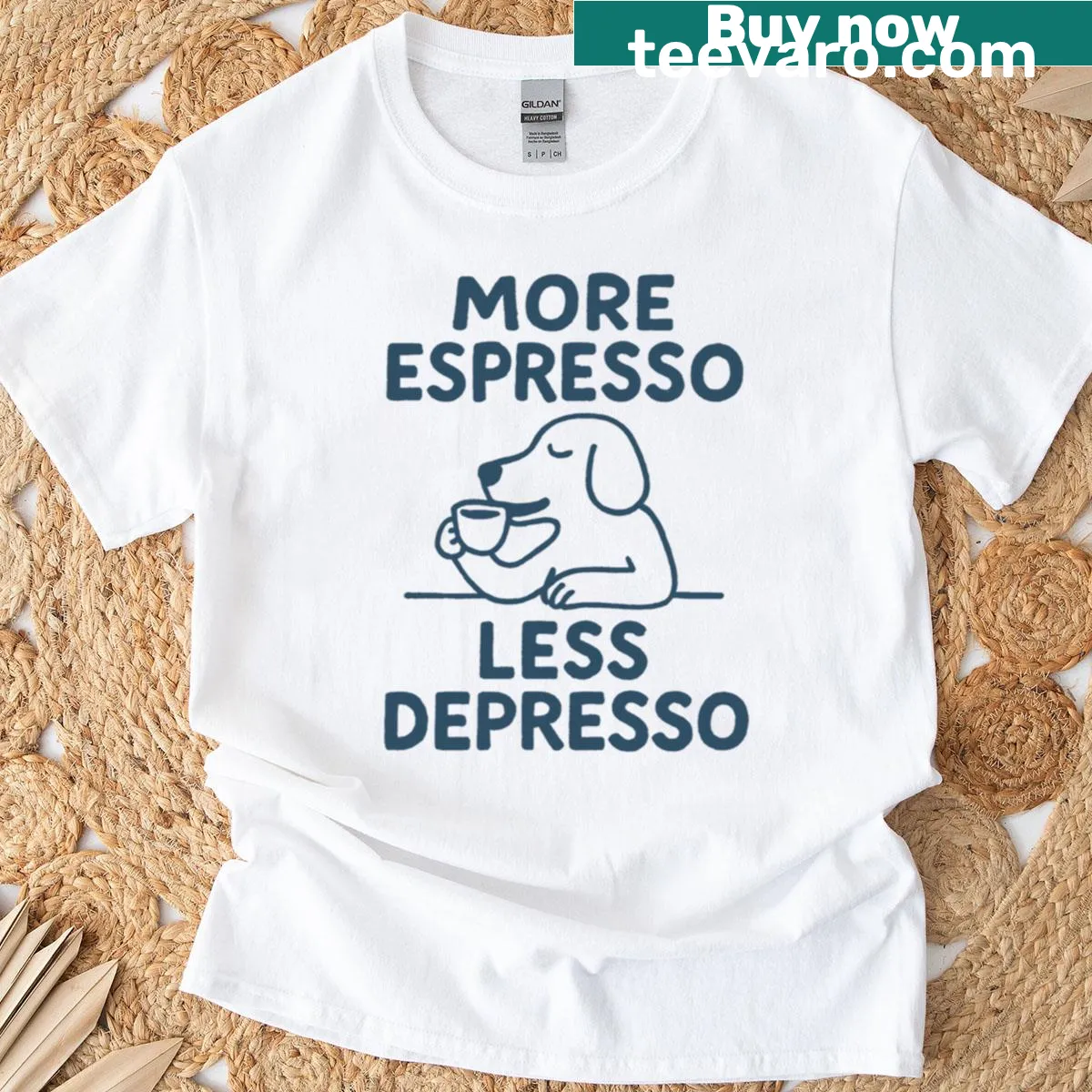 Vintage distressed t-shirt featuring a humorous coffee slogan and a dog illustration — on a men's t-shirt