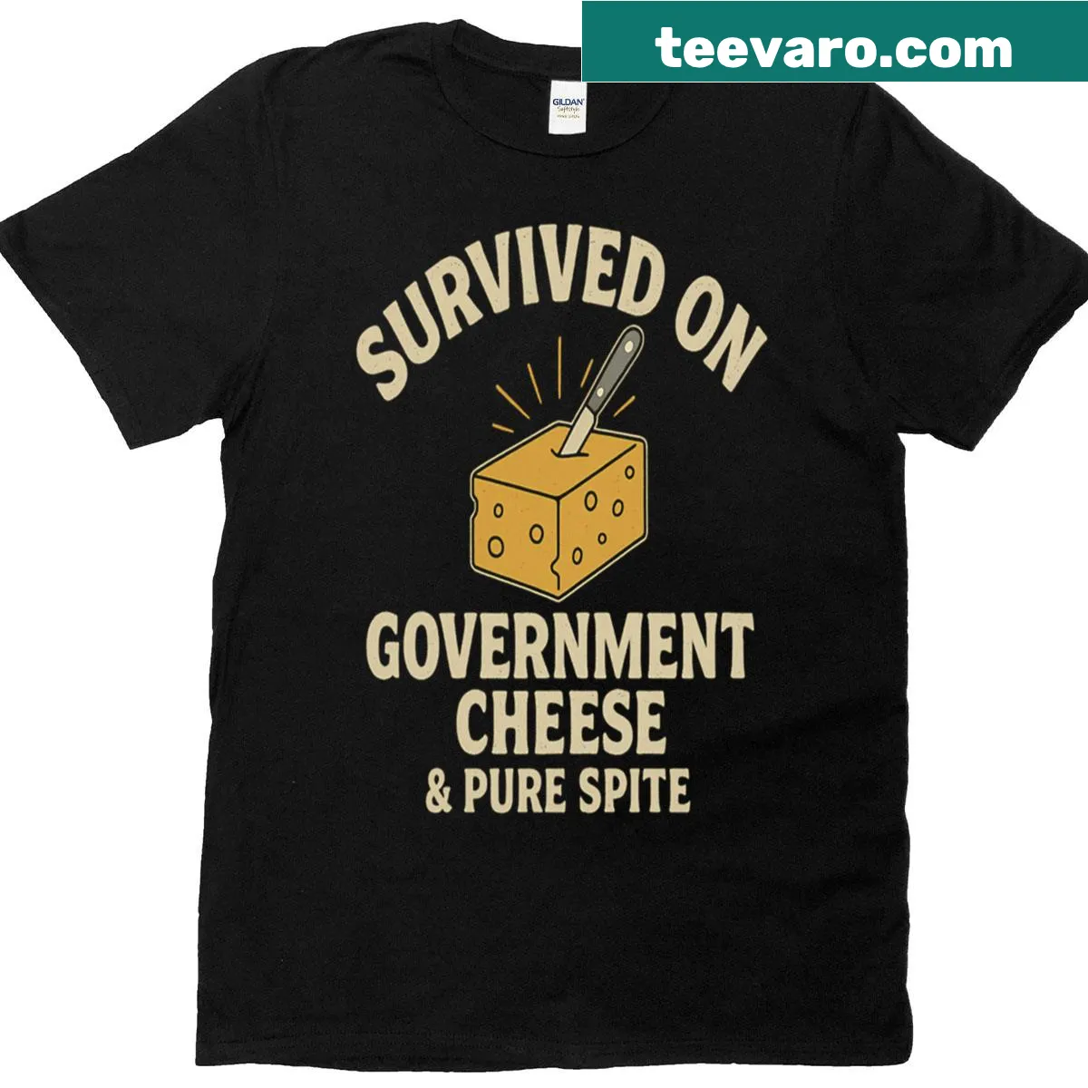 Sarcastic vintage-style t-shirt with 'Government Cheese' text — on a men's t-shirt