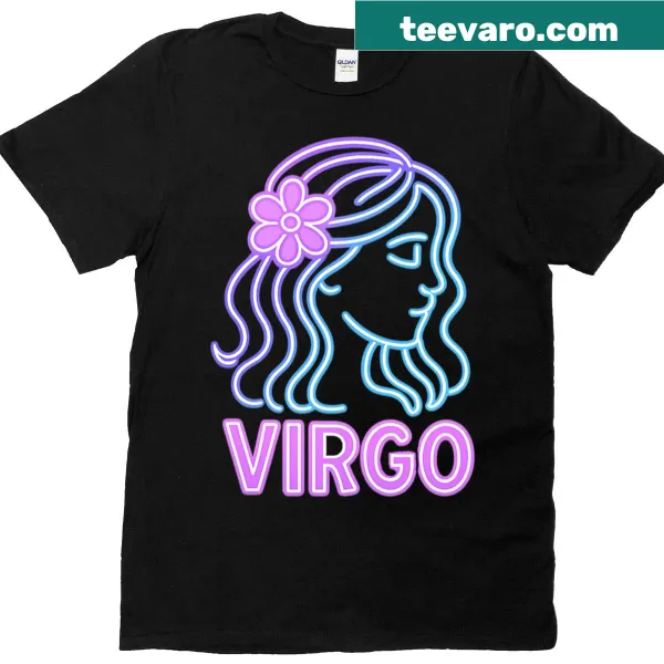 Neon Virgo zodiac sign graphic on T-shirt