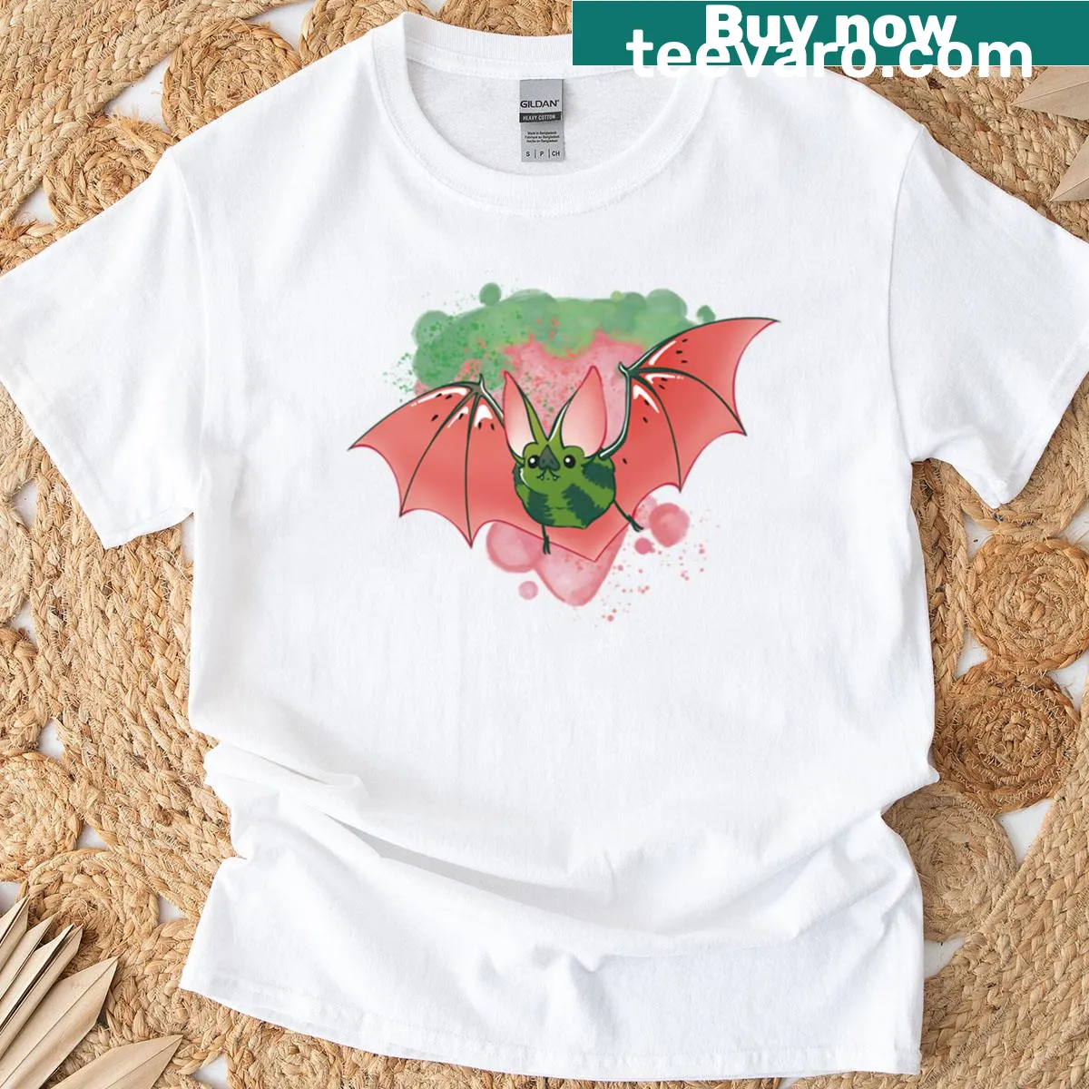 Whimsical watermelon bat illustration on a T-shirt — on a men's t-shirt