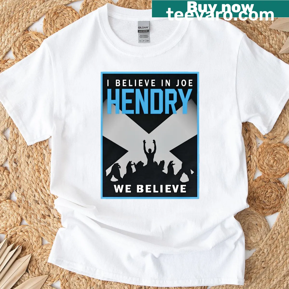 Witty typography t-shirt saying 'We Believe In Hendry' — on a men's t-shirt
