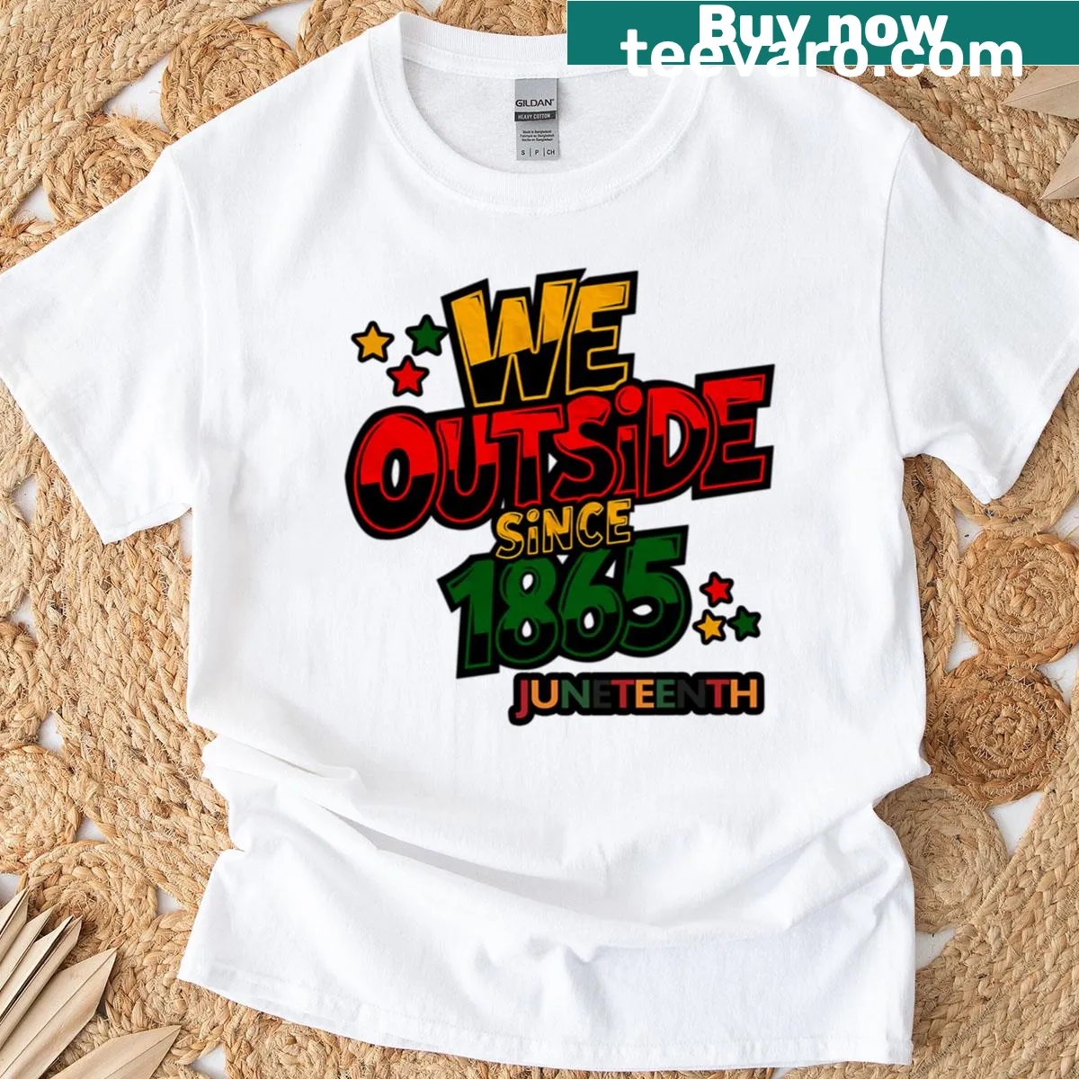 Bold 'We Outside Since 1865' text on a Juneteenth T-shirt — on a men's t-shirt
